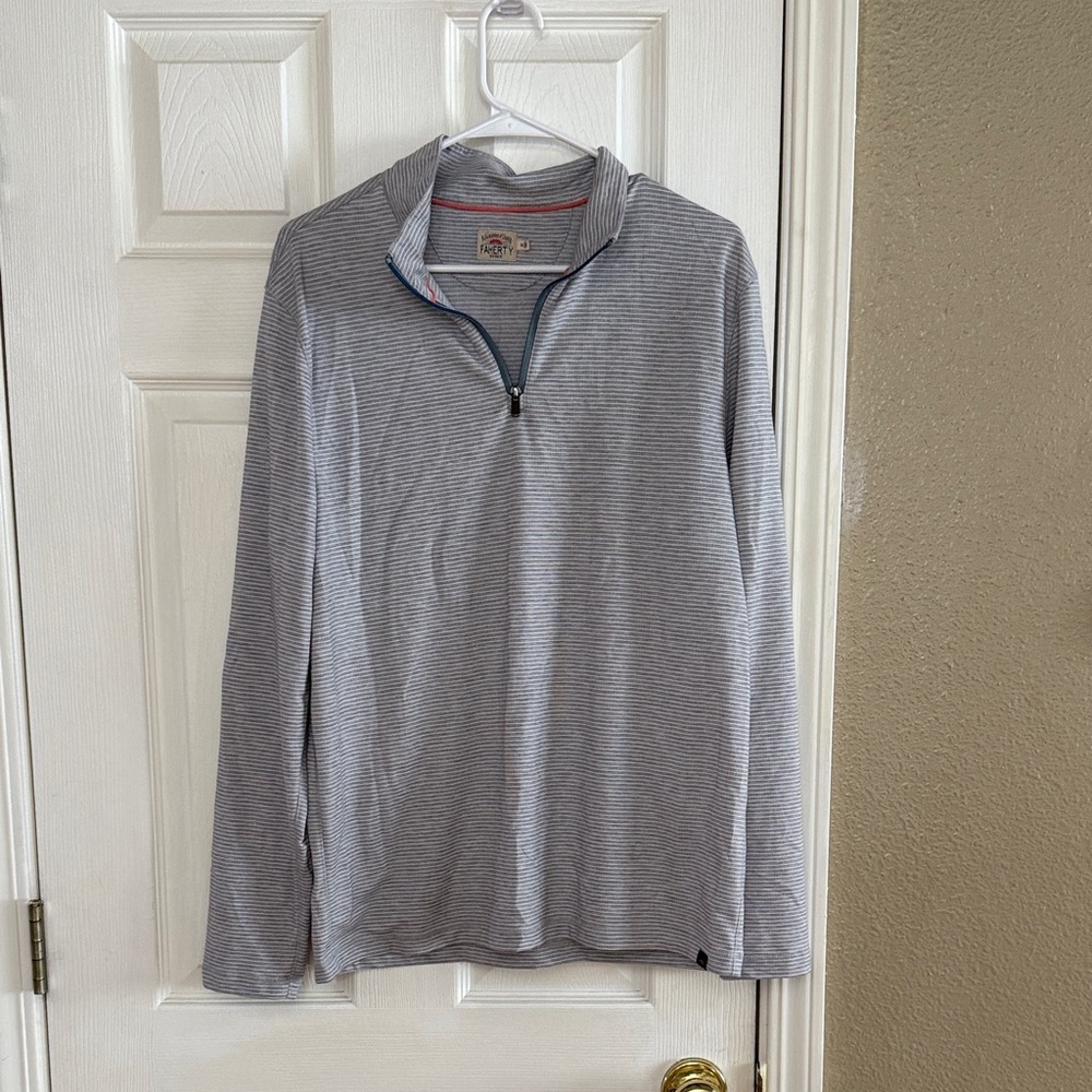 Faherty Light Gray Stripe Quarter‑Zip Shirt